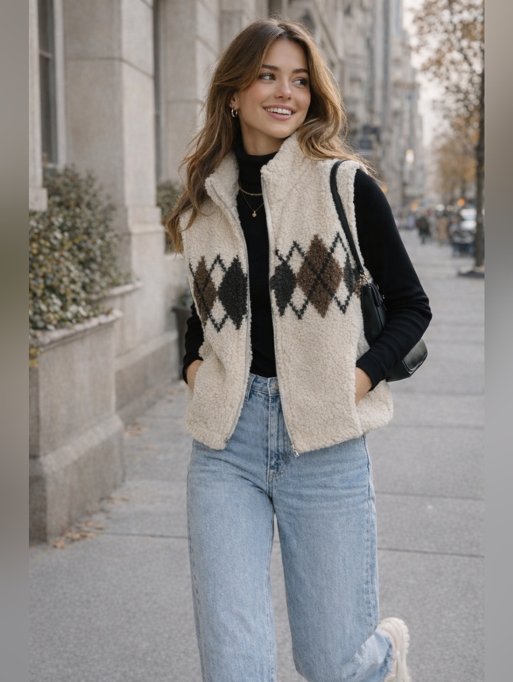 Plush Argyle Sherpa Semi-Cropped Sweater Vest